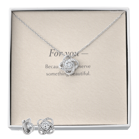 Love Knot Earring & Necklace Set — 14k White Gold Finish
