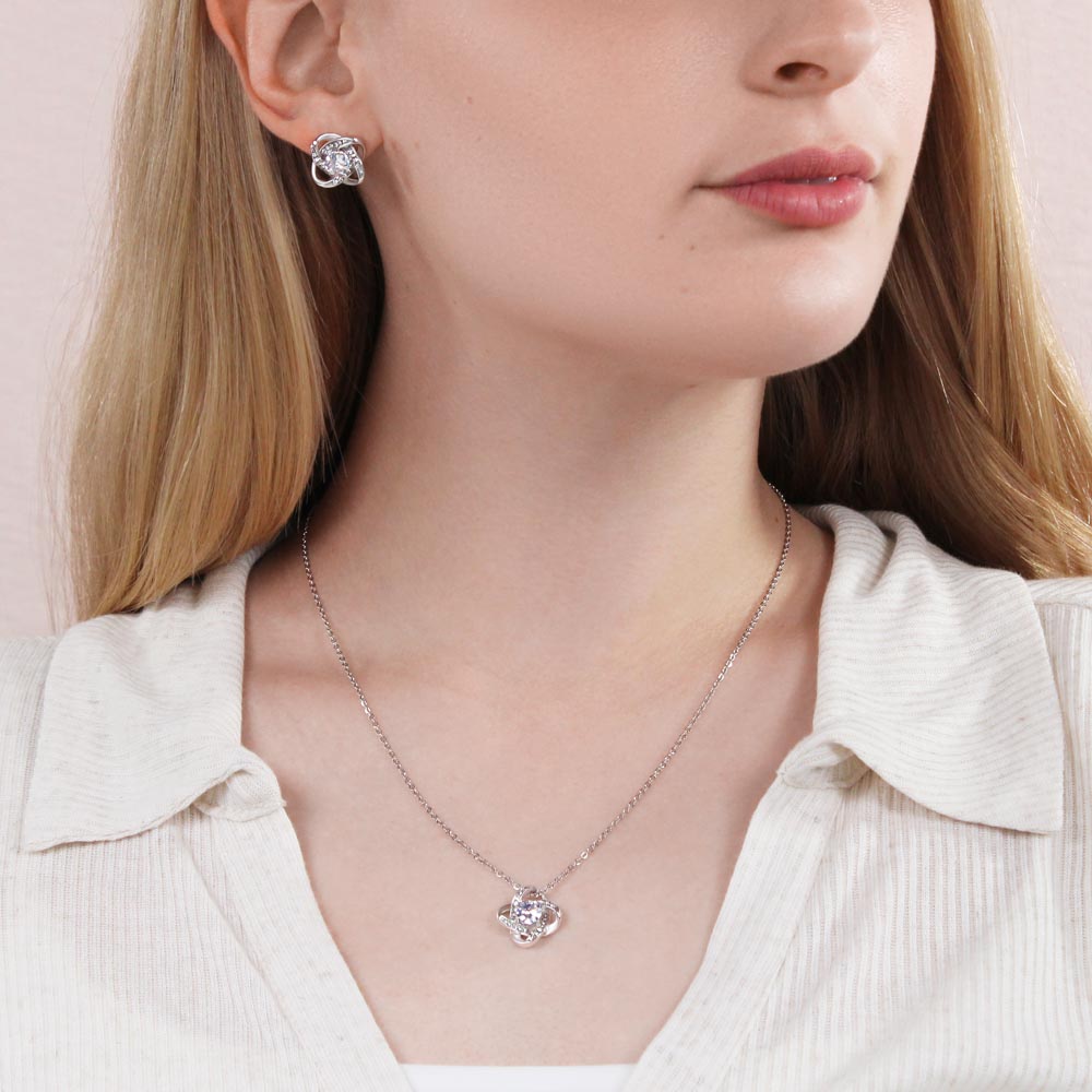 Love Knot Earring & Necklace Set — 14k White Gold Finish