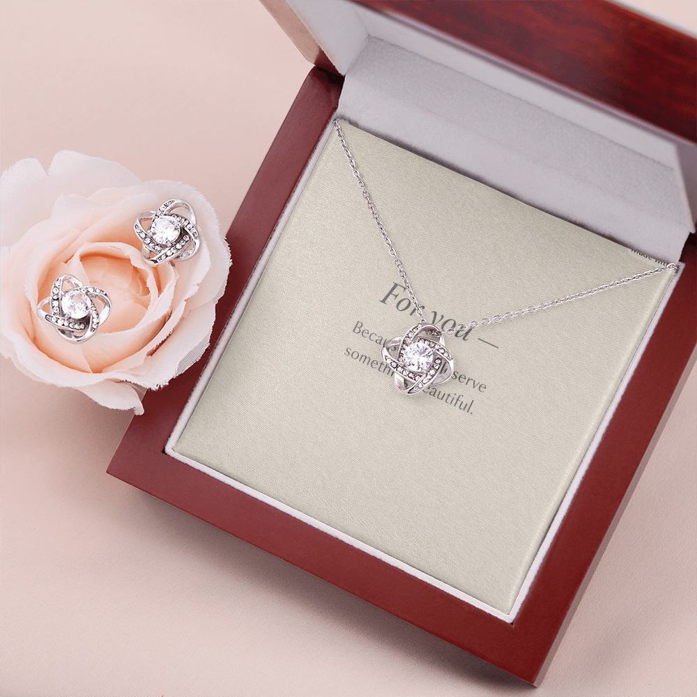 Love Knot Earring & Necklace Set — 14k White Gold Finish
